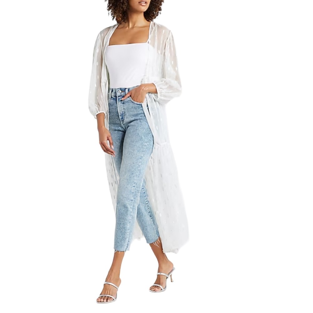 Express Sheer Duster Maxi Cardigan White Metallic Boho Beach Cover Up M/L NWT
